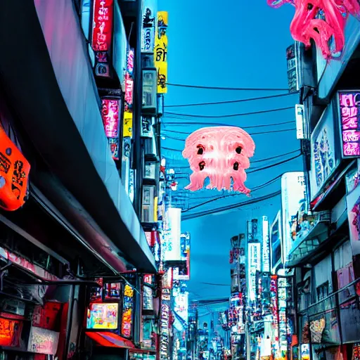 Prompt: a cyberpunk street in futuristic Tokyo with cybernetic jellyfish displaying advertisements floating in the air serving sushi, volumetric lighting, photorealistic, ultra 4K hd - n 4