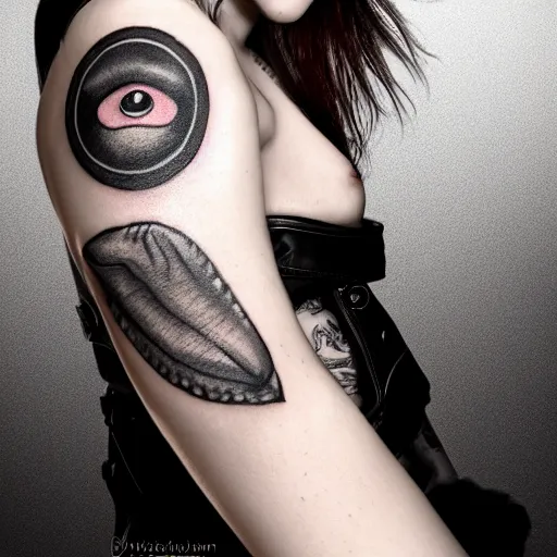 Prompt: Hot young woman, grey skin, void eyeballs, tattoos, wearing leather, digital art, concept art, 4k, 8k