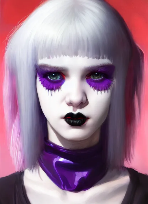 Image similar to portrait of white teenage girl, normal face, white bangs, mall goth, cyberlox, black and white hair, bangs, fluffy bangs, red contact lenses, purple lipstick, intricate, elegant, highly detailed, digital painting, artstation, concept art, sharp focus, smooth, illustration, art by wlop, mars ravelo and greg rutkowski