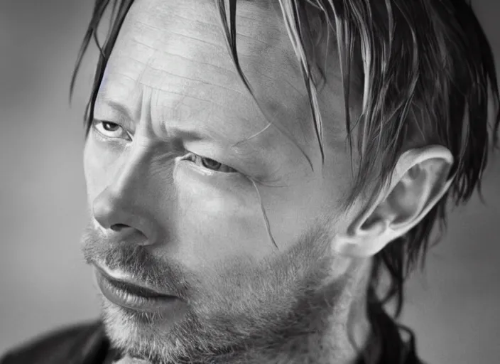 Image similar to beautiful photograph of print of thom yorke picture on a table, hyper realistic, variations of thom yorke, forest, high quality photograph, mixed styles, intricate details, diverse colors, deep emotional impact