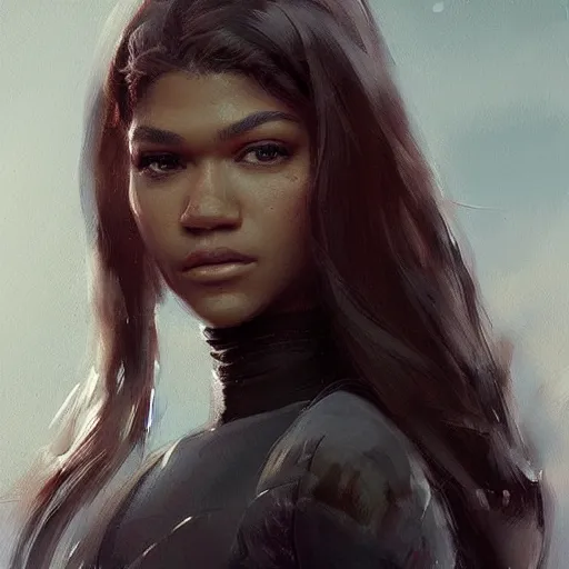 Image similar to “ portrait of zendaya by greg rutkowski, young, attractive, highly detailed portrait, scifi, digital painting, artstation, concept art, smooth, sharp foccus ilustration, artstation hq ”