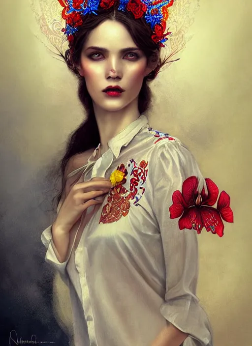 Prompt: beautiful brunette lady in white embroidered shirt, national costume of venezuelan, filigree crown with red, blue and yellow textile orchid flowers, intricate, elegant, digital painting, art nouveau, soft, smooth, soft, focus, edge light, charlie bowater, tom bagshaw, greg rutkowski