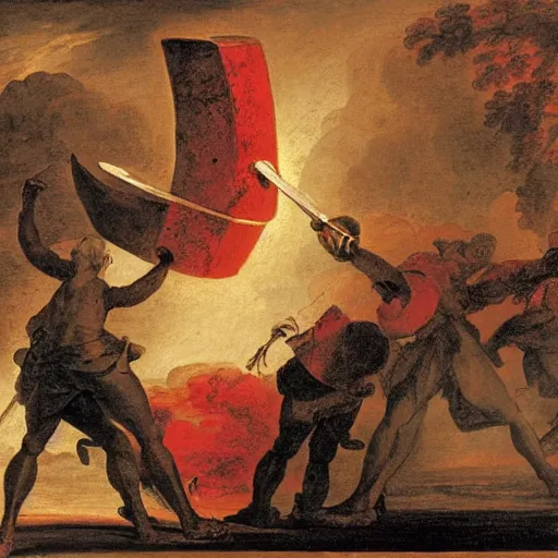 Prompt: 18th century historical painting representing a gigantic metal fork in crimson and black, earth splitting, royal commission, by Joshua Reynolds, Louvre museum catalog photography