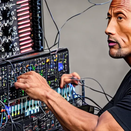 Image similar to dwayne johnson playing a modular synthesizer with lots of wires, ultra realistic, canon 3 5 m m photography, portrait