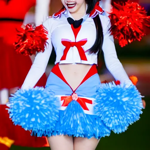 Image similar to a demon horned smiling anime girl wearing cheerleader dress holding cheerleader pompom on both hands