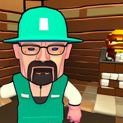 Image similar to A screenshot of Walter White being caught selling meth on roblox