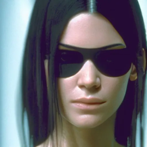 Image similar to a film still of Kendal Jenner starring in The Matrix (1999), close up, shallow depth of field