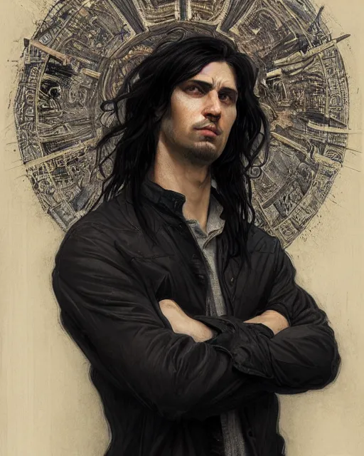 Image similar to portrait of tall, 3 3 - year - old handsome man with long dirty black hair, and grey eyes, wearing black clothes, hyper realistic face, beautiful eyes, close up, fantasy art, in the style of greg rutkowski, intricate, alphonse mucha, hyper detailed, smooth
