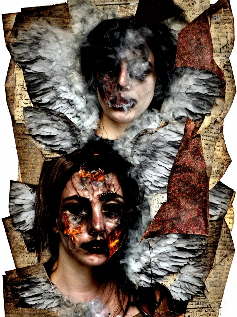 Image similar to a young adult angelgirl face obscured by smoke and ratty feathered angel wings, stressed and burnt out, collage effect, collaged, torn paper, torn paper collage, overexposure, overexposed, high exposure