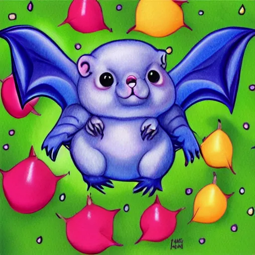 Image similar to original illustration of an adorable chubby baby bat by Lisa Frank