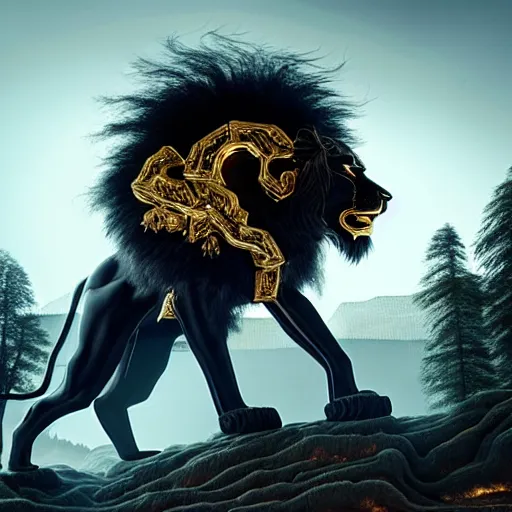 Image similar to black lion's god with fur made from gold lightnings surrounded by epic ancient huge forest and mountains, colossal scale, cinematic shot, hyperdetails, dramatic lighting, by Evgeniy Antonenkov and James Jean