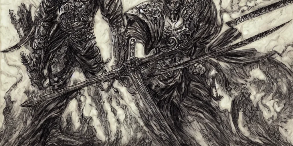 Image similar to guts with one arm, greatsword, detailed face, high detail, castle background, manga style, by kentaro miura