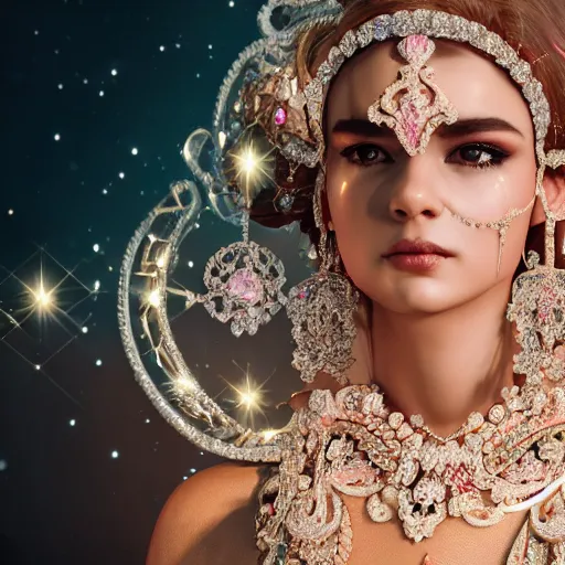 Image similar to portrait of pretty princess with perfect skin, glowing, ornate and intricate diamond jewelry, jaw dropping beauty, ornate and intricate backdrop, white accent lighting, hyper detailed, 4 k octane render