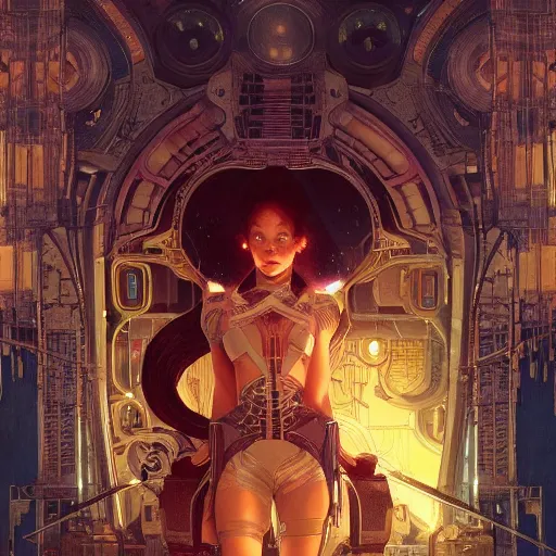 Prompt: A music club with lighting elements from the movie the fifth element, gorgeous, beautiful, intricate, highly detailed, digital painting, artstation, oppressive lighting, sci-fi concept art, sharp focus, illustration, art by greg rutkowski and alphonse mucha