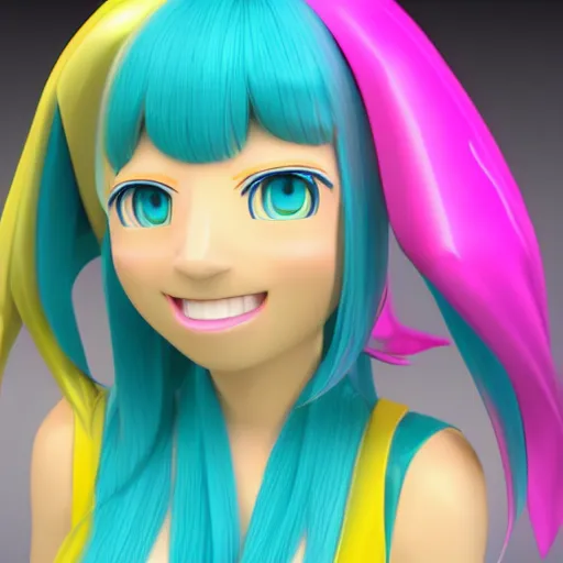 Prompt: Yellow Hatsune Miku emoji, cute facial expression and emotion, 3d render, specular, white background