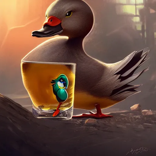 Image similar to duck drinks energy napiokmonstr energy, concept art, wlop, digital painting, trending on artstation, highly detailed, epic composition, official media, 8 k uhd