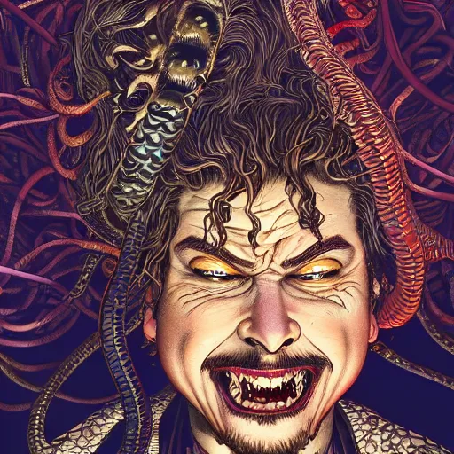 Image similar to portrait closeup of crazy post malone as vampire and snakes around, symmetrical, by yoichi hatakenaka, masamune shirow, josan gonzales and dan mumford, ayami kojima, takato yamamoto, barclay shaw, karol bak, yukito kishiro