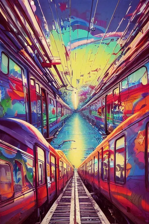 Image similar to trains covered in dripping colorful graffiti paint, painterly, james jean, yoshitaka amano, hiroshi yoshida, moebius, loish, artgerm, painterly, symmetrical, ultra detailed, hyper realistic, illustration, sunset lighting