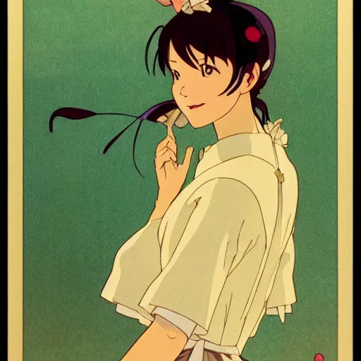 Image similar to a maid girl winking, film still, studio portrait, high quality, makoto shinkai, studio ghibli, wlop, greg rutkowski, alphonse mucha, highly detailed