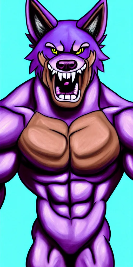 Image similar to painting of an anthropomorphic bulky muscular purple wolf, furry style, wearing jeans, deviant art, fursona, professional furry drawing, insanely detailed, bulky wolf - like face with dragon features, doing a pose from jojo's bizarre adventure, detailed veiny muscles, exaggerated features, beautiful shading, huge teeth, grinning, colorful background