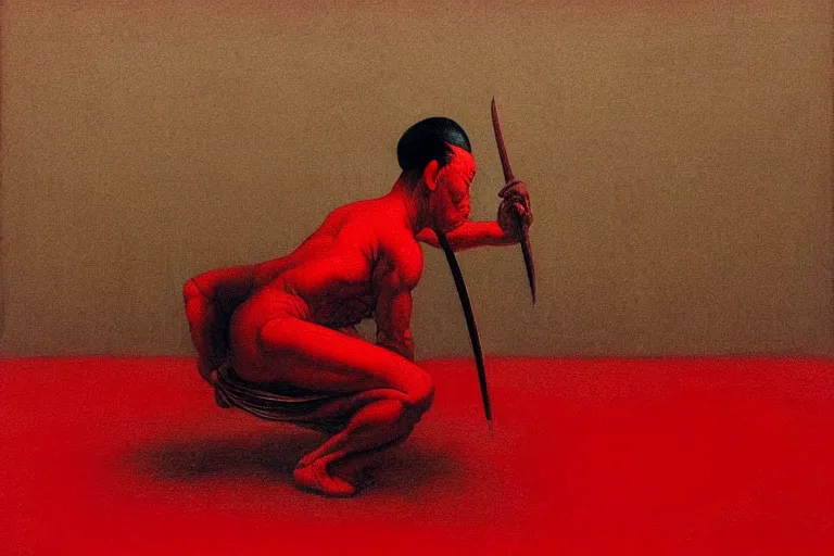 Image similar to only with red, a red samurai do seppuku, tokio, a lot of frogs watch, in the style of beksinski, parts by edward hopper, parts by rodcenko, parts by yue minjun, intricate and epic composition, red by caravaggio, insanely quality, highly detailed, masterpiece, red light, artstation, 4 k