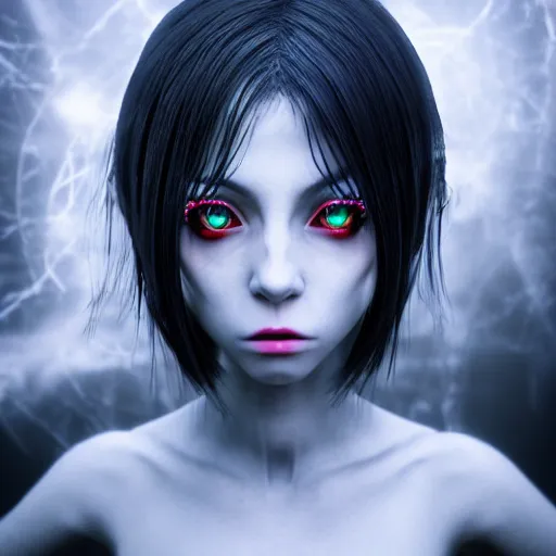 Image similar to photorealistic full shot portrait of angry darkness anime girl, electric aura, inspired by tim burton, detailed, unreal engine 4 k, volumetric light, fog