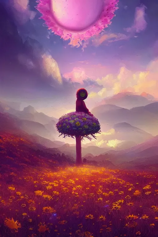 Prompt: giant daisy flower head, in the mountains, surreal photography, sunrise, dramatic light, impressionist painting, colorful clouds, digital painting, artstation, simon stalenhag