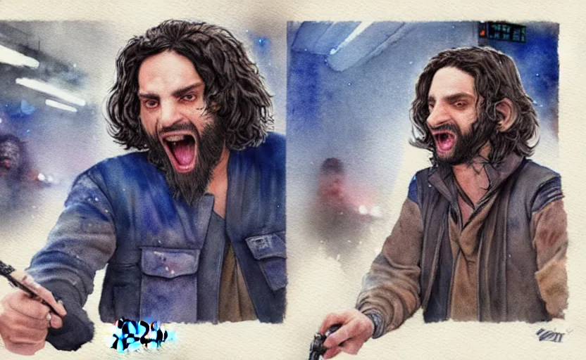 Image similar to an accurate realistic star wars watercolor fantasy concept art of a drug dealer that looks like chris d'elia yelling angrily in a sleazy futuristic bar of coruscant, hq, 4 k