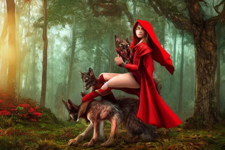 Prompt: an epic fantasy comic book style portrait painting of an extremely cute and adorable very beautiful little red riding hood sitting on a wolf, riding on a wolf through the forest, unreal 5, daz, hyperrealistic, octane render, cosplay, rpg portrait, dynamic lighting, intricate detail, summer vibrancy, cinematic