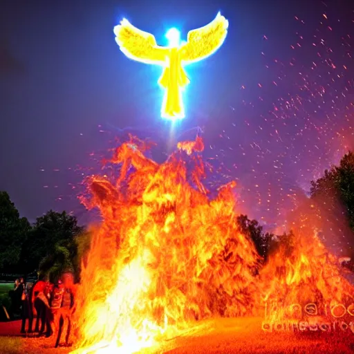 Prompt: photograph of a horrific, bright, shining holy angel descending upon a city park. the park is on fire