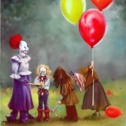 Prompt: A beautiful painting of pennywise giving candy to children