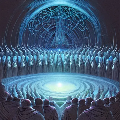 Image similar to a quantum computer surrounded by a dark cabal of multiple hooded elven mystics in long dark robes gathered in a circular formation, dan seagrave art, michael whelan