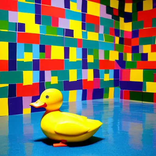 Image similar to wide shot, one! photorealistic rubber duck in foreground on a pedestal in cavernous museum, the walls are covered floor to ceiling with colorful tesselated geometric wall paintings in the style of sol lewitt, tall arched stone doorways, through the doorways are more mural paintings in the style of sol lewitt.