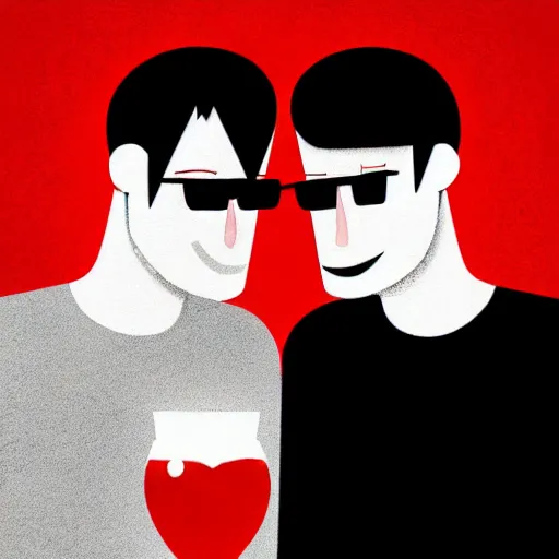 Image similar to two beautiful chad men drinking beer, red hearts, friendship, love, sadness, dark ambiance, concept by Godfrey Blow, featured on deviantart, drawing, sots art, lyco art, artwork, photoillustration, poster art