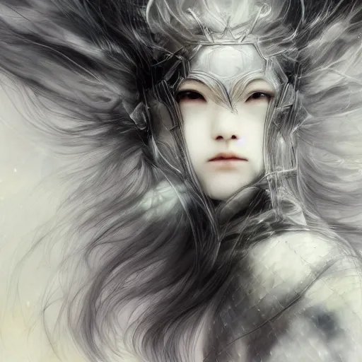 Prompt: Yoshitaka Amano blurred and dreamy illustration of an anime girl with wavy white hair fluttering in the wind and cracks on her face wearing elden ring armour with the cloak, abstract black and white patterns on the background, noisy film grain effect, highly detailed, Renaissance oil painting, weird portrait angle