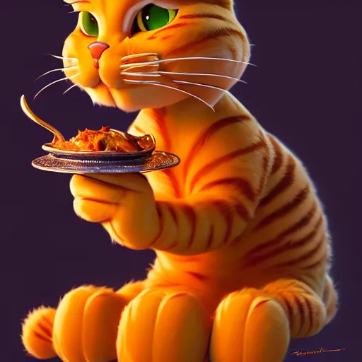 Image similar to fullbody!! personification of garfield the cat as a goddess holding lasagna, stunning, cat face, hyperrealistic, trending on artstation, smooth and sharp, intricate, fine details, highly detailed, elegant, dynamic pose, radiant light, detailed and intricate environment, professional character concept art by tatyana kupriyanova and greg rutkowski and raymond swanland