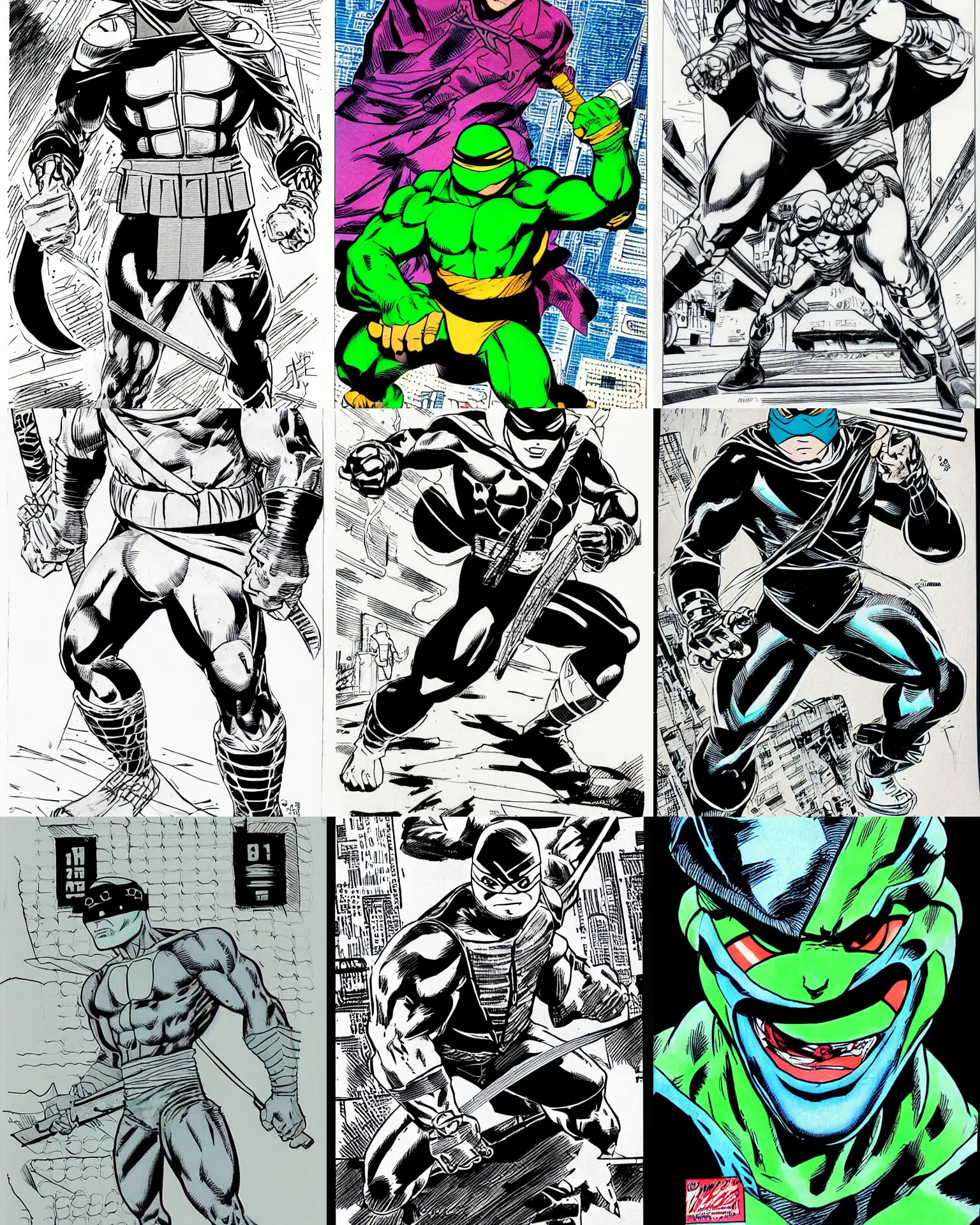 Prompt: year 1 9 8 5!!! oversized head! mirage comics ninja turtle!!! jim lee!!! medium shot!! flat ink sketch by jim lee close up in the style of jim lee, comic book 1 9 8 5 ninja turtle by jim lee