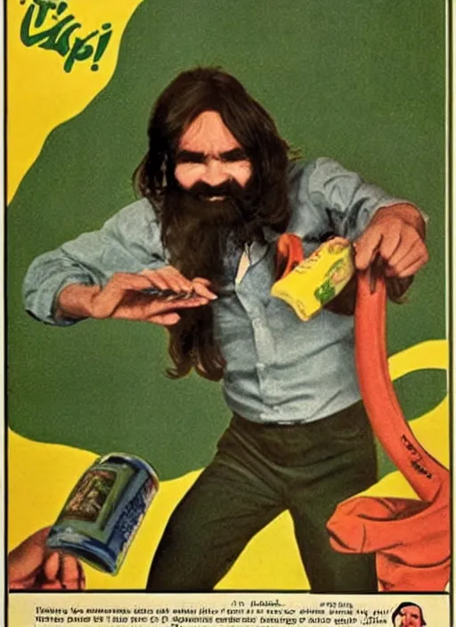 Image similar to vintage toothpaste advertisement depicting charles manson slipping on a banana peel