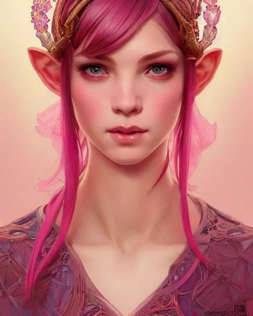 Prompt: portrait of pink layered bob half elf, intricate, elegant, highly detailed, digital painting, artstation, concept art, smooth, sharp focus, illustration, art by artgerm and greg rutkowski and alphonse mucha and uang guangjian and gil elvgren and sachin teng and wlop, symmetry