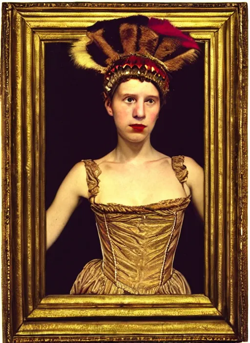 Image similar to portrait of young woman in renaissance dress and renaissance headdress, art by nan goldin