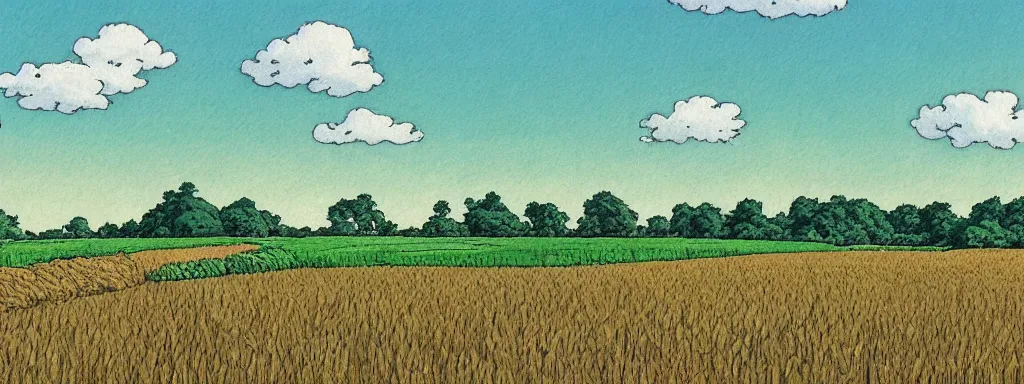 Image similar to wheat farm field, landscape, very detailed, art by Studio Ghibli