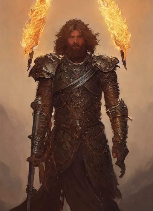 Prompt: A Human Male Paladin holding a flaming sword, shaggy hair, scruffy beard, glowing white eyes, medium armor, wings, fantasy, intricate, elegant, highly detailed, digital painting, artstation, concept art, smooth, sharp focus, illustration, art by Krenz Cushart and Artem Demura and alphonse mucha