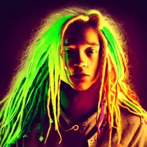 Image similar to a boy with colored dread hair in dark room flash, polaroid effect!!!