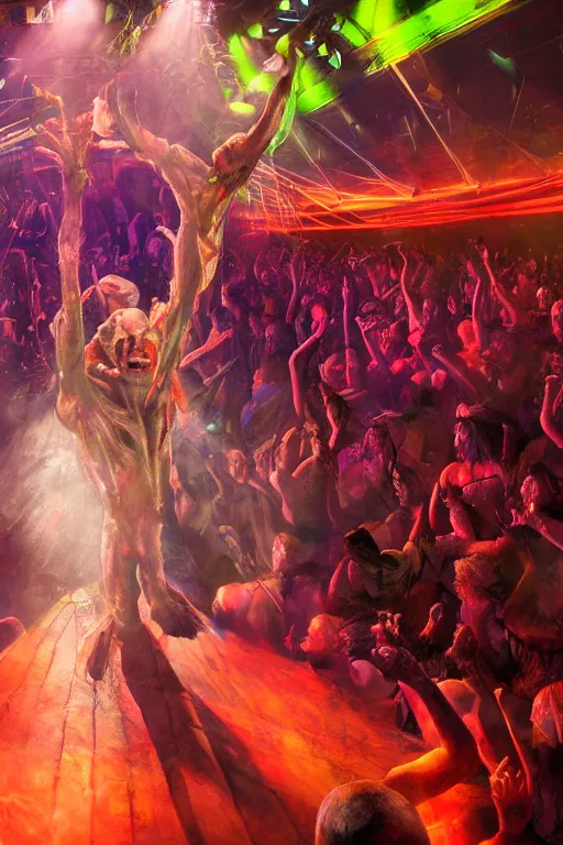 Image similar to gollum visits a rave club, oil on canvas, intricate, 8 k highly professionally detailed, hdr, cgsociety,