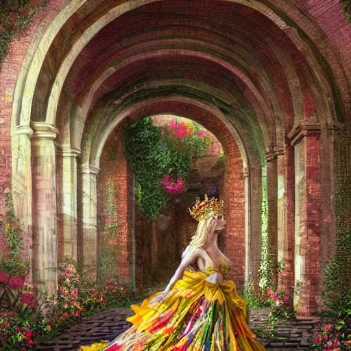 Image similar to Queen of the Fae wearing a crown of flowers and brocaded sleeveless gown, inside, archways, intricate brickwork, highly detailed, colorful, hyper realism, 4k