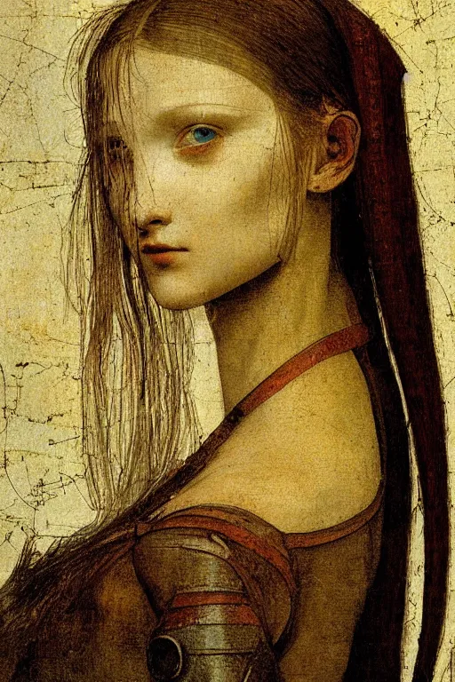 Image similar to a close - up portrait of a cyberpunk cyborg girl, by leonardo davinci, rule of thirds