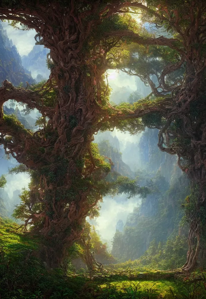 Prompt: beautiful hyper realistic detailed matte painting of fantasy tree of life in garden of eden, hd, hdr, by Moebius and John Howe and Albert Bierstadt and Alena Aenami, ultra detailed, high resolution