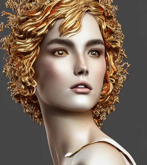 Prompt: beauteous queen, practical sumptuous white pearlescent biomechanical gold, copper, bronze, iridescent titanium, cinematic forest lighting, lifelike ossified incredible hair, crystalline masterpiece incrustations, hyperdetailed face, elegant pose, specular highlights, intricate, octane render, unreal engine,