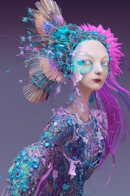 Image similar to an epic non - binary model, subject made of polished porcelain, mesh headdress, sensors all over, flowing dress, with cerulean and pastel pink bubbles bursting out, delicate, beautiful, intricate, melting into jolteon, houdini sidefx, by jeremy mann and ilya kuvshinov, jamie hewlett and ayami kojima, bold 3 d