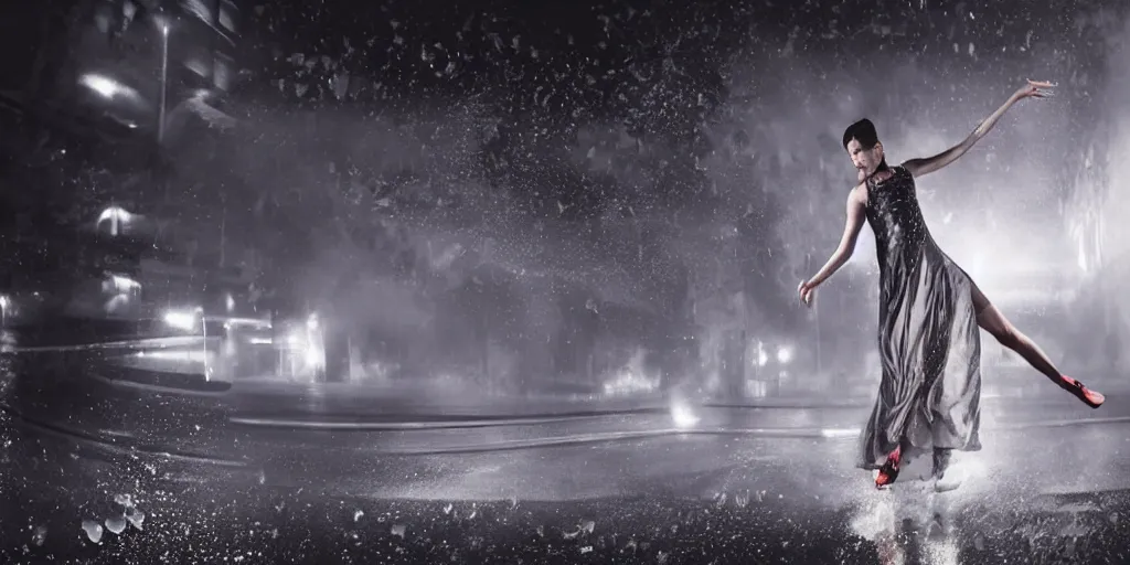 Prompt: slow motion with trail effect of futuristic break dancer wearing floating long dress, long exposure shot , at night in the middle of a rainy street, paddle of water, steam, fog, water splashes, rim lights, glossy reflections, water droplets on lens, octane render, dark and dramatic, explosion in the background, detailed and soft, fisheye
